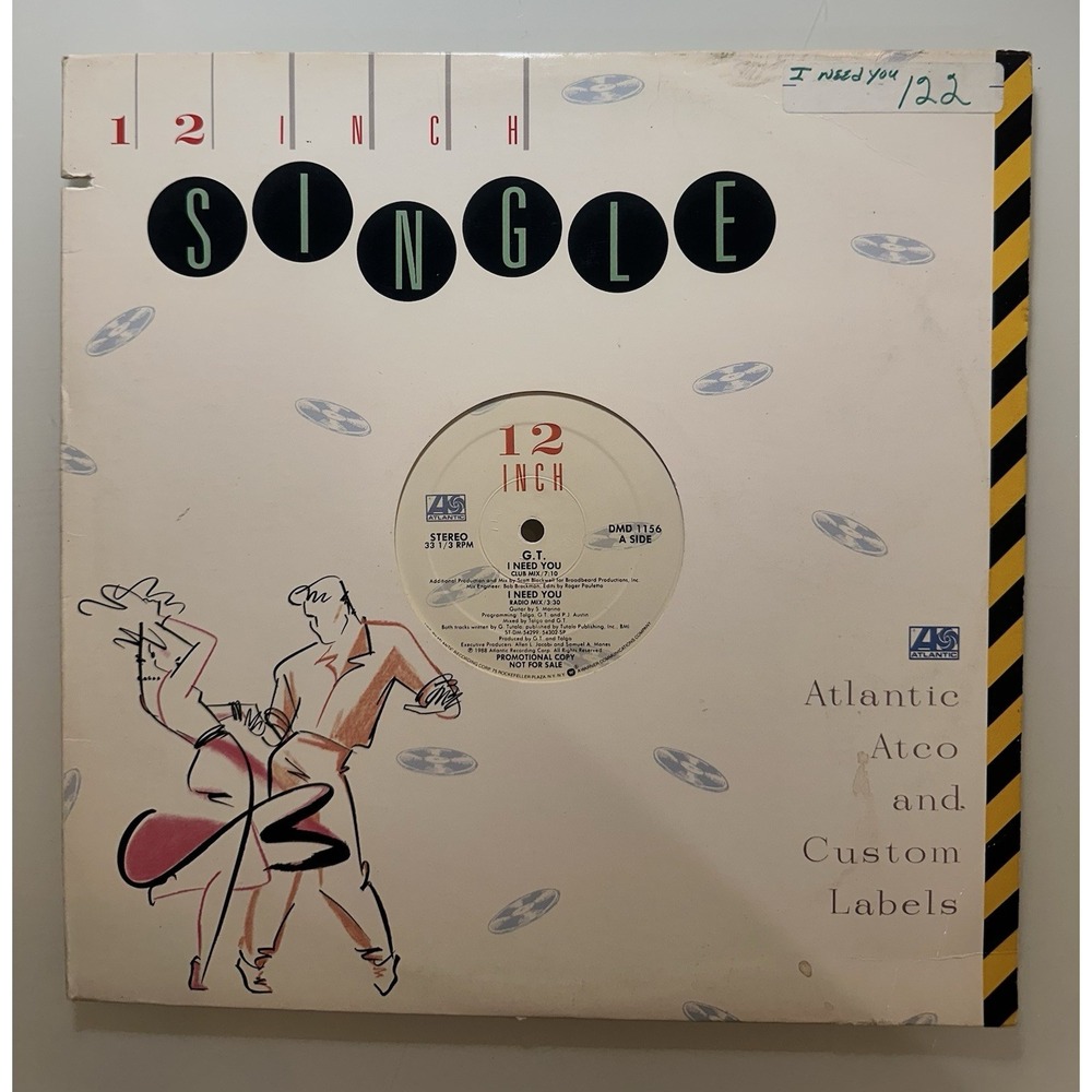 G.T. - I Need You Vinyl LP 12" Single Record‎ 1988 Promo Atlantic 33 RPM